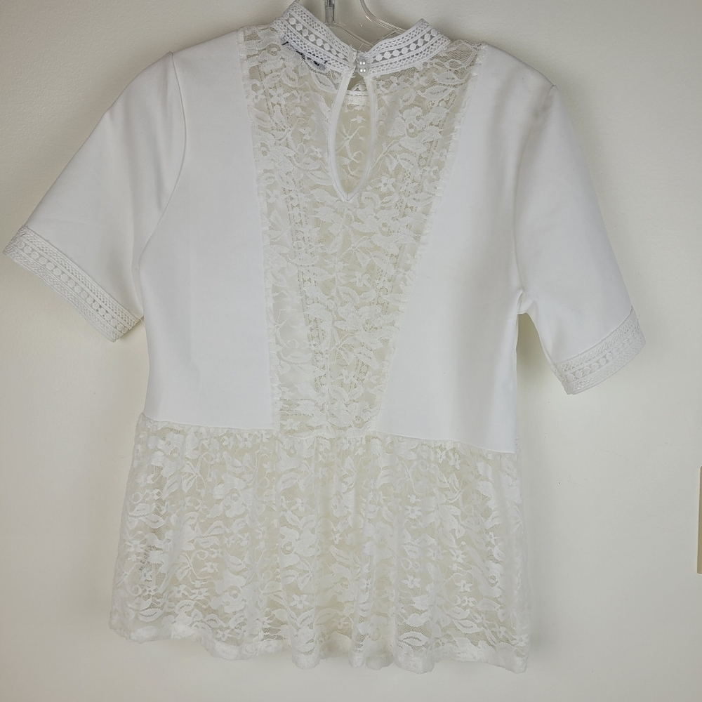 Scobe white deep v neck short sleeve top white lace peplum fairy coquette girl M - Picture 4 of 13